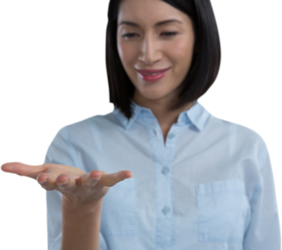 Woman pretending to hold an invisible object - Powered by Adobe