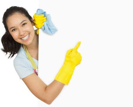 Woman in rubber gloves pointing to the white surface