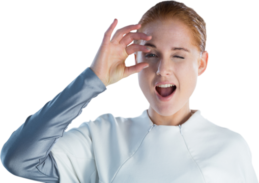 Portrait of businesswoman with mouth open adjusting imaginary eyeglasses - Powered by Adobe