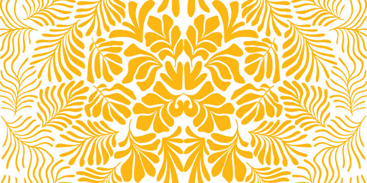 Fototapeta Yellow abstract background with tropical palm leaves in Matisse style. Vector seamless pattern with Scandinavian cut out elements.