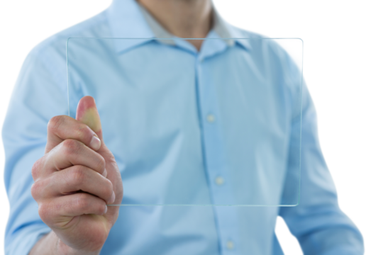 Midsection of man holding futuristic digital tablet - Powered by Adobe