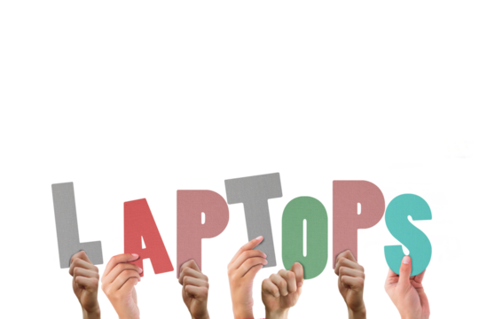 Colorful alphabet spelling laptops held up by people 