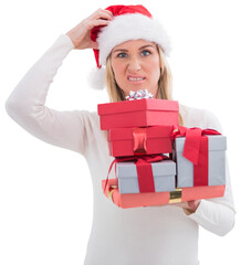 Confused blonde in santa hat holding gifts