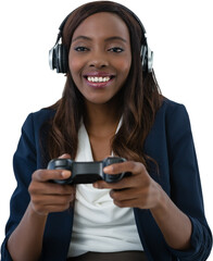 Cheerful businesswoman playing video game
