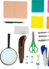 Various office stationery arranged