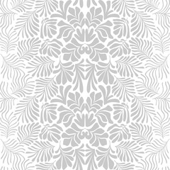 White gray abstract background with tropical palm leaves in Matisse style. Vector seamless pattern with Scandinavian cut out elements.