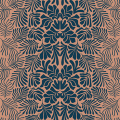 Brown blue abstract background with tropical palm leaves in Matisse style. Vector seamless pattern with Scandinavian cut out elements. - 588531827