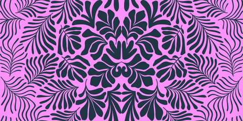 Purple pink abstract background with tropical palm leaves in Matisse style. Vector seamless pattern with Scandinavian cut out elements.