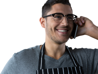Male waiter talking on mobile phone