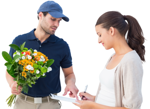 Happy flower delivery man with customer