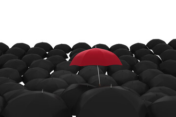 Digital image of red umbrella over black umbrellas