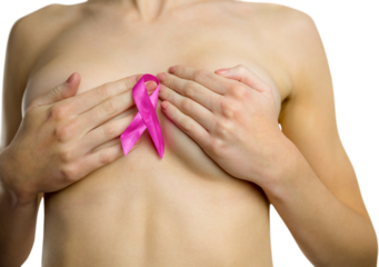 Midsection of naked woman with pink ribbon covering breast 