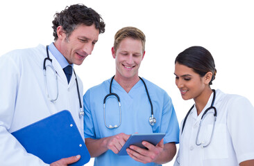 Happy doctors working with digital tablet