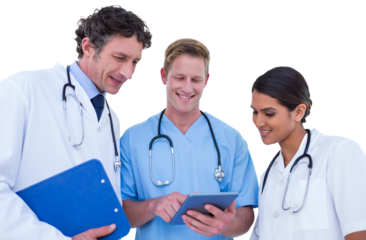 Happy doctors working with digital tablet