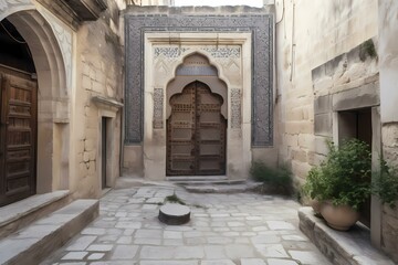 Fototapeta na wymiar A stone courtyard with a door and a stone walkway Generative AI