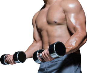 Fototapeta na wymiar Mid section of a bodybuilder with dumbbells