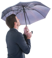 Businessman holding an umbrella while looking up