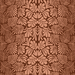 Brown abstract background with tropical palm leaves in Matisse style. Vector seamless pattern with Scandinavian cut out elements.