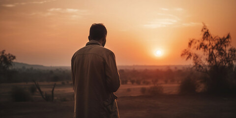 Un homme de dos devant un coucher de soleil