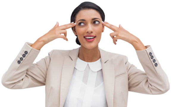 Confident young businesswoman pointing her head with her fingers - Powered by Adobe