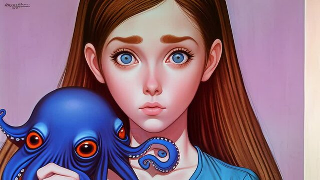 Big Eyed Girl with a Creepy Morphing Pet Octopus Monster with Too Many Eyes. Slowly Morphing Animation. [Sci-Fi / Fantasy / Horror Animated Clip]