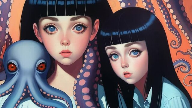 Big Eyed Girl Sisters with Draped Tentacles and a 
Pet Octopus. Slowly Morphing Animation. [Sci-Fi / Fantasy / Horror Animated Clip]