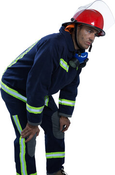 Tired fireman standing