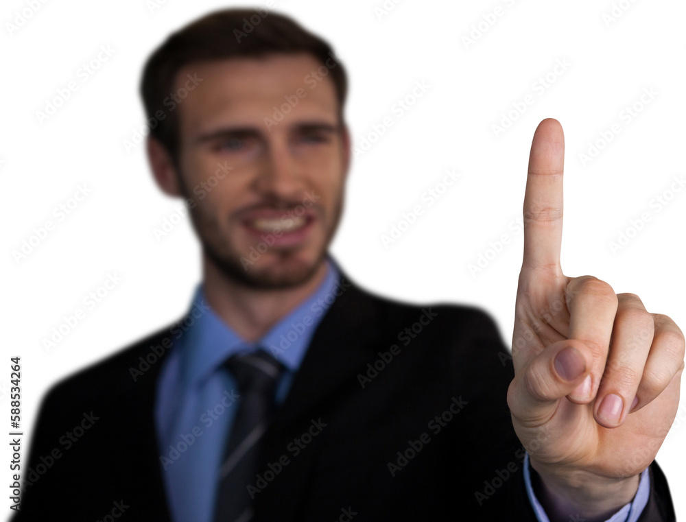 Poster close up of smiling businessman touching index finger on invisible interface