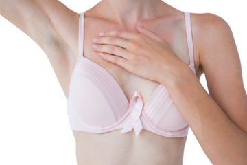 Woman with pink ribbon for breast cancer awareness