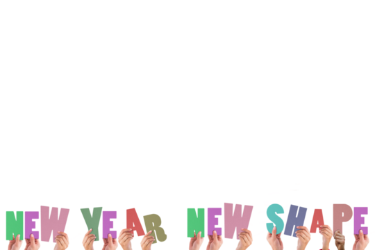 Colorful alphabet spelling new year new shape held up by people 