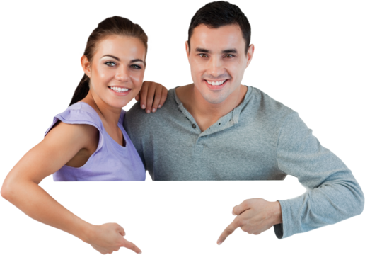 Young couple pointing at advertisement below them - Powered by Adobe