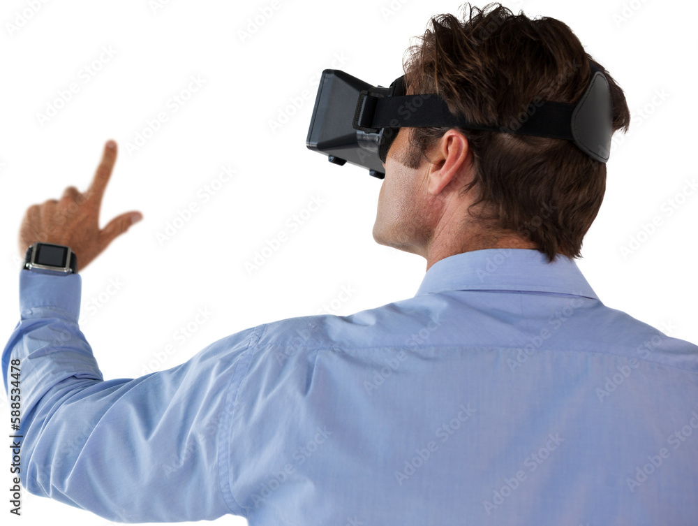 Poster rear view of businessman gesturing while using vr glasses