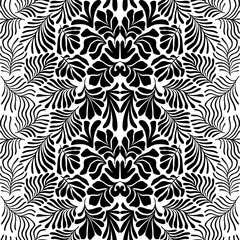 Black and white abstract background with tropical palm leaves in Matisse style. Vector seamless pattern with Scandinavian cut out elements.