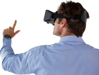 Rear view of businessman gesturing while using vr glasses