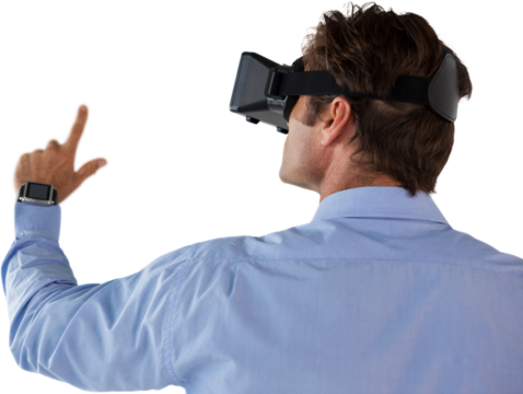 Rear view of businessman gesturing while using vr glasses