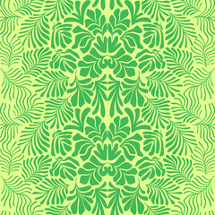 Yellow lime green abstract background with tropical palm leaves in Matisse style. Vector seamless pattern with Scandinavian cut out elements.