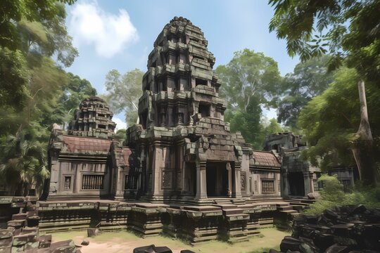 Angkor wat with trees around it Generative AI