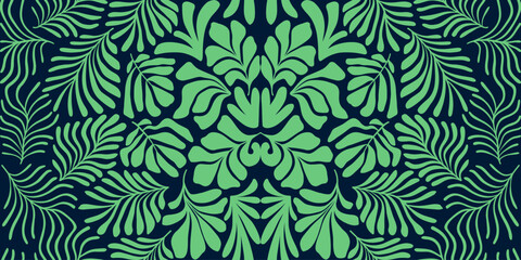 Green abstract background with tropical palm leaves in Matisse style. Vector seamless pattern with Scandinavian cut out elements.