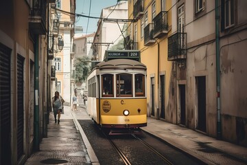 Fototapeta na wymiar A yellow trolley on a street Generative AI