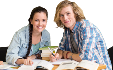 College students doing homework in library