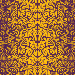 Brown yellow abstract background with tropical palm leaves in Matisse style. Vector seamless pattern with Scandinavian cut out elements.