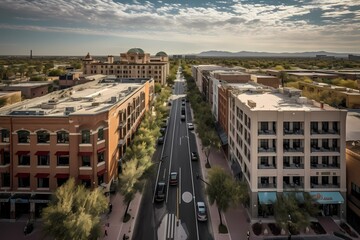 Fototapeta premium A street with cars and buildings Generative AI