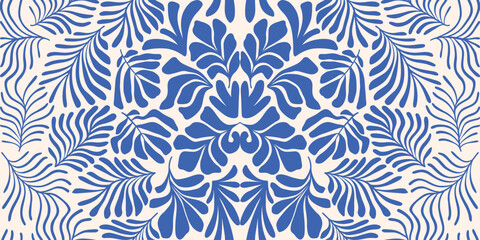 Blue white abstract background with tropical palm leaves in Matisse style. Vector seamless pattern with Scandinavian cut out elements.