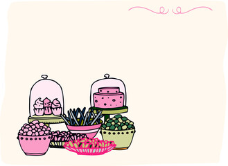 Digital composite image of various sweet food in containers