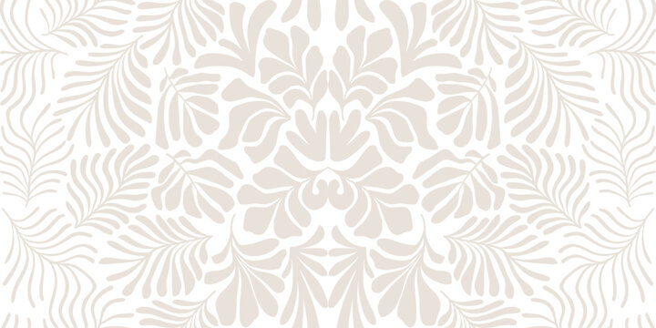 Beige white abstract background with tropical palm leaves in Matisse style. Vector seamless pattern with Scandinavian cut out elements.