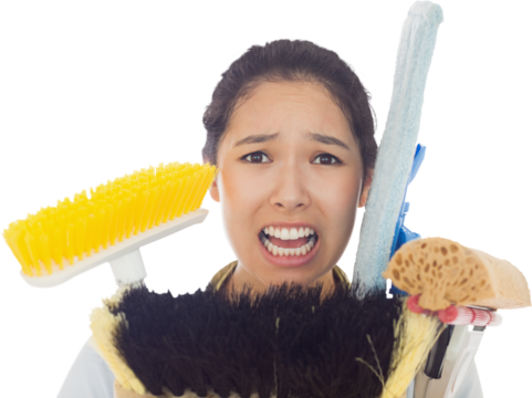 Very stressed woman with cleaning tools