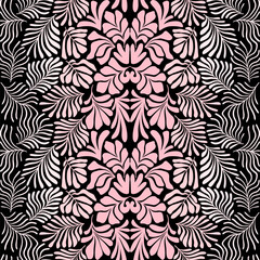 Pink black abstract background with tropical palm leaves in Matisse style. Vector seamless pattern with Scandinavian cut out elements.