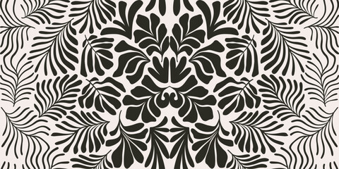 Fototapeta premium Black and white abstract background with tropical palm leaves in Matisse style. Vector seamless pattern with Scandinavian cut out elements.