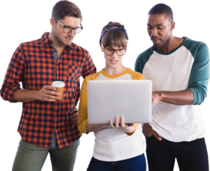 Businessmen discussing with businesswoman over laptop