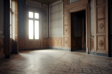 A hallway with doors and windows Generative AI